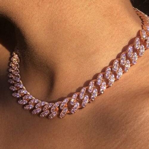 Punk Hip Hop Paved Rhinestones Cuban Chain Necklace For Women Miami Curb Crystal Cuban Choker Necklace Collar Statement Jewelry