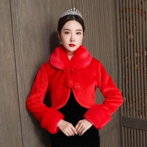 Faux Fur Party Shawl Winter Warm Bridal Jacket Long hairy neck Wedding Coat Red Wedding Bridal Wrap Party Cape With Sleeves