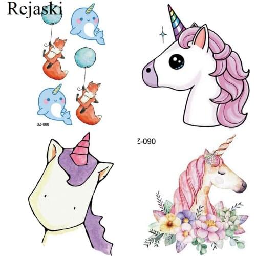 Rejaski Lovely Unicorn Temporary Tattoo Kids Arm Stickers Cartoon Dolphin Children Water Transfer Tatoos Hand Flora Flash Tattoo