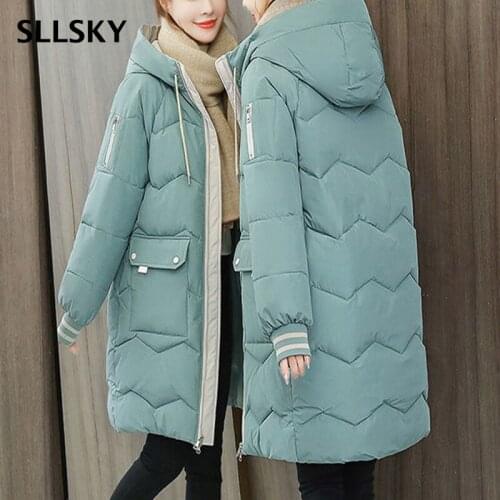 SLLSKY Women Patchwork Long Hooded Cotton Jacket Fashion Loose Casual Parka 2020 New Chic Female Winter thicken Warm Coat