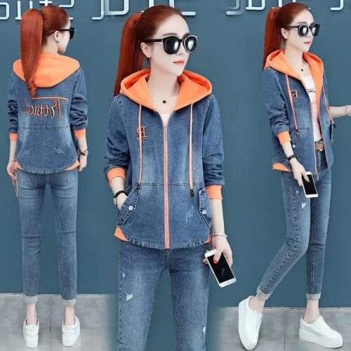 Manteau Femme Hooded Denim Jacket Womens 2021 Spring Autumn Zipper Outwear New Loose Retro Embroidery Jackets Tops Female Coat