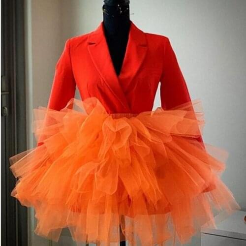 Real Image Orange Puffy Mini Tulle Skirts Women 2020 Summer Fashion Short Ruffles Tiered Tutu Skirt Elastic