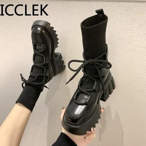 Women Boot Lace Up Ladies Ankle Boots Female Strap Black Chunky Platform Shoe Fashion Winter Stretch Fabric High Heel Boots