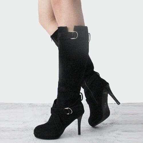 Women High Heel Autumn Mid Calf Boots Female Zip PU Leather Buckle Platform Sexy Thin Heels Plus Size Ladies Fashion Botas Muje