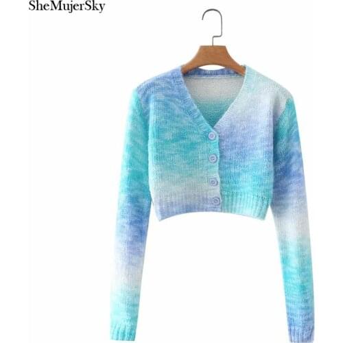SheMujerSky Women Tie Dye Long Sleeve Knitted Sweaters 2021 V-neck Single Breasted Cardigans
