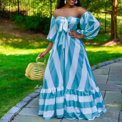Women Striped Lantern Sleeve Strapless Floor Length Maxi Dress Sexy Fit Flare Party Dresses