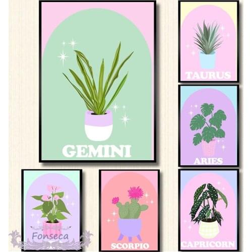 12 Constellations Astrology Myth Canvas Painting Nordic Botanical Potted Plant Quote Posters Wall Art Pictures for Kids Nursery