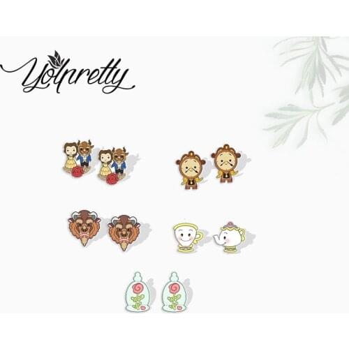 2021 New Kawaii Beauty and Beast Love Rose Bell Princess and Beast Epoxy Stud Earrings Handcraft Acrylic Stud Earrings