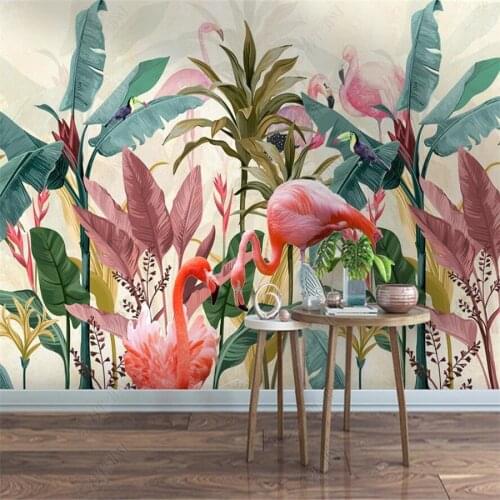 Customized 3D wallpaper mural Nordic modern plantain leaf flamingo bedroom living room background wall decoration wallpaper