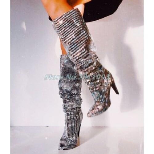 Sparkly Sexy Womens Heels Boots Slouchy Rhinestone Shoes Studded Runway Dress Women Shoes Pointed Toe Thin Heel Boots