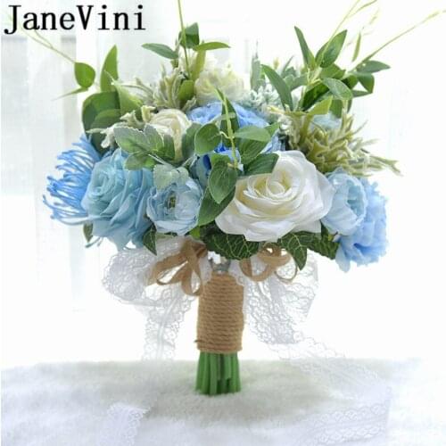JaneVini Blue Silk Rose Peony Artificial Flowers Wedding bouquet fleur bleu Fake Flowers Bridal Bouquets Calla Lily Bride Brooch