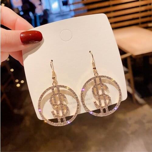 QiLuxy Fashion Hyperbole Dollar Sign Roung CZ Dangle Earrings for Women Rhinestone Geometric Earrings Fashion Jewelry
