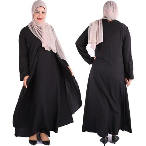 Muslim Dress Fashion Clothing Arabic Dress Lace Solid Color Islam Abaya Dubai Ladies Cardigan Women Fake 2 piece Robe Maxi Long