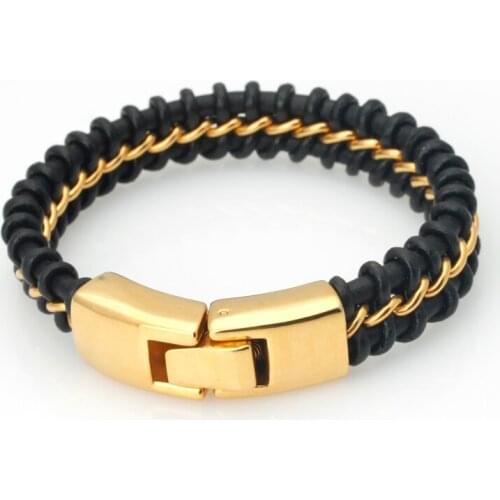 Granny Chic Mens black leather stainless steel hip hop bracelet gold color jewelry birthday gift for dad him boyfriend kids 8.5"