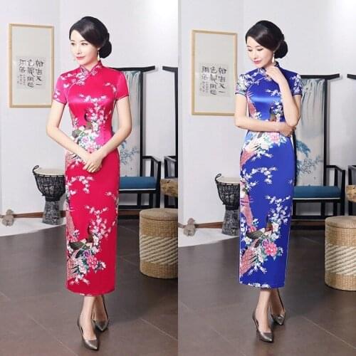 Spring And Summer Improved Cheongsam Dress Long Satin Printing Daily Banquet WomenS Performance Clothing Classic Modern Qipao