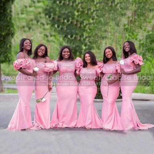 Luxury Pink Bridesmaid Dresses With Appliques 2021 Mermaid Ruffles Short Puffy Sleeves Boat Neck Long Pary Dress Maid Of Honor