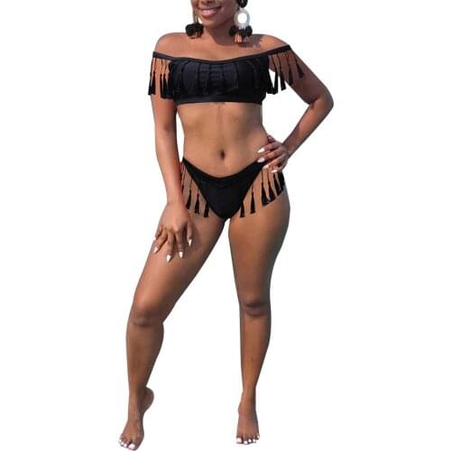 Sexy Summer Womens Sexy Solid Color Bikini Off-shoulder Tops Briefs Swimsuit Classic Bare Midriff Two-pieces Set