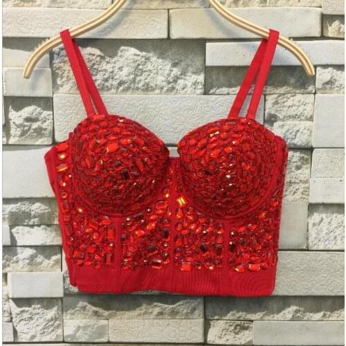 Unique red Rhinestone Gaga Bustier Pearls Diamond Push Up Night Club Bralette Womens Bra Top Vest Plus Size w1172