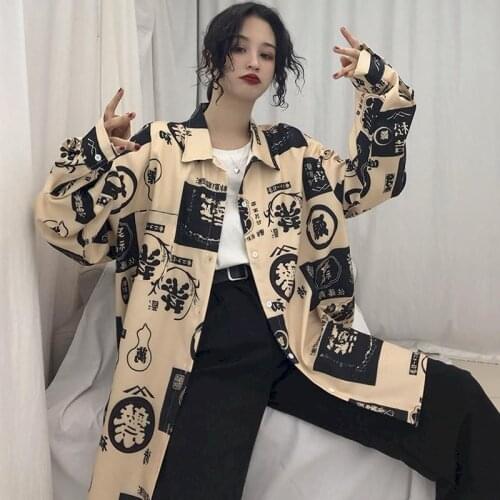 2021 Spring Summer Chinese Words Printing Shirt Hong Kong Style Long Sleeve Blouse Fashion Women Button Up Korean Clothes Tops