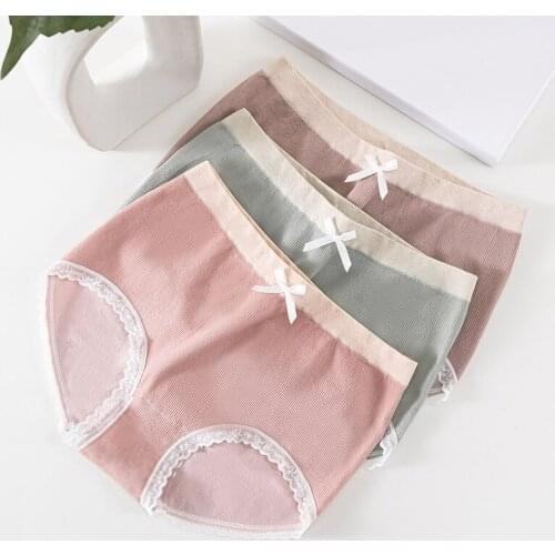 Wasteheart New Women Fashion Pink Cotton Mid Waist Panties Bow Underwear Lingerie Briefs Underpants F Seamless Plus Size