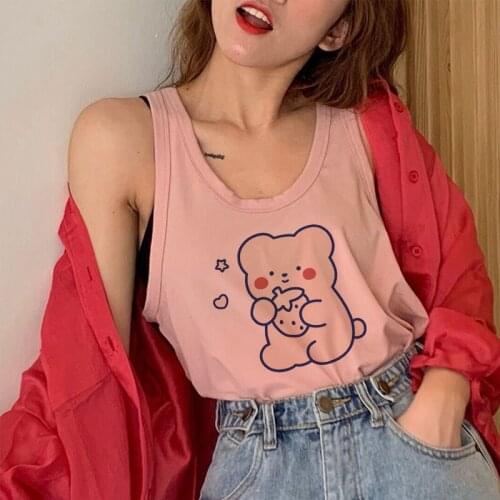Harajuku Japanese Cute Sweet Vest Tops Bear Letter Cotton Sleeveless Kawaii Casual Big Size Cartoon Summer Tank Tops T-shirt Y2k