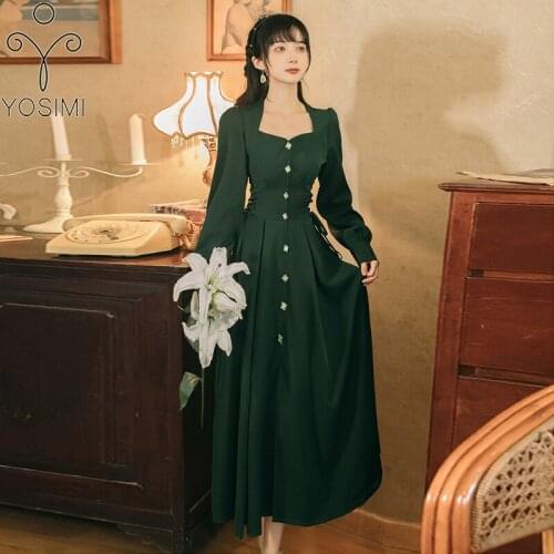 YOSIMI Green Long Women Dress 2021 Autumn Vintage Square Collar Puff Sleeve Midi Full Long Sleeve Bandage Party Dresses Elegant