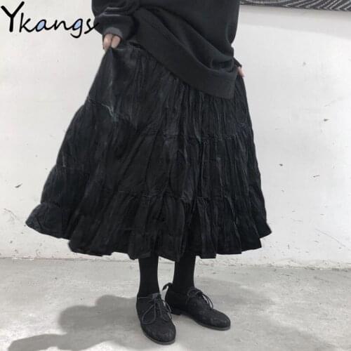 Women Vintage Velvet Long Pleated Skirt Korean Style Ladies Elastic Midi High Waist Black Skirt Spring Harajuku Gothic Clothes