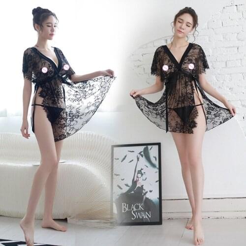 2018 Hot New Women Sexy Deep V-Neck Lace Lingerie Sleepwear Dress Underwear Babydoll Nightgown Black nightdress with g-string