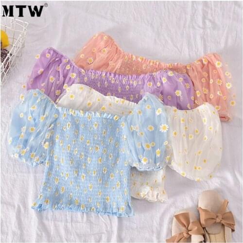 2021 Floral Printed Pleated Women Blouse Ladies Puff Sleeve Off Shoulder Cropped Tops Female Casual Korean Tops