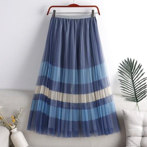 Korean Style Print Mesh Skirt Women Midi Length Pleated Summer Fashion Elegant A Line Elastic High Waist Ladies Skirts DS169