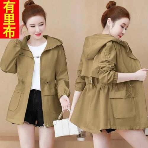 Female Windbreakers Autumn Coat New Solid Color Drawstring Elastic Waist Zipper Hooded Outerwear Long Sleeve Womens Trench Tops