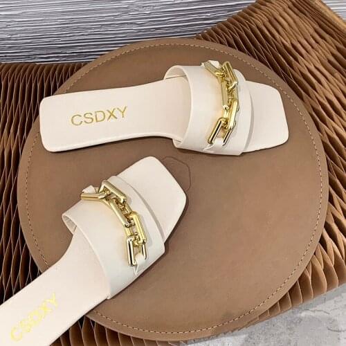Women Slipper Sandals New Design Gold Chain Closed Toe Slip On Mules Shoes Flat Heels Square Head Casual Slides Flip Flops 2021