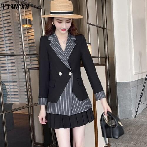 High-end Womens Suit Temperament 2021 New Winter Slim Long-sleeved Striped Stitching Black Ladies Jacket Office Personality