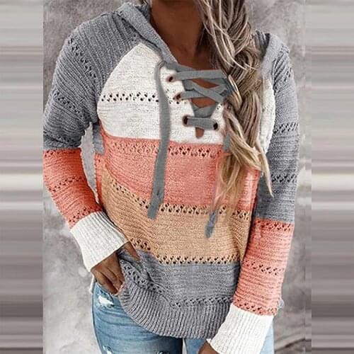 Autumn Women Casual Loose Hooded Pullovers Tops V Neck Knitted Long Sleeve Sweater Patchwork Elegant Striped Pullover Jumpers