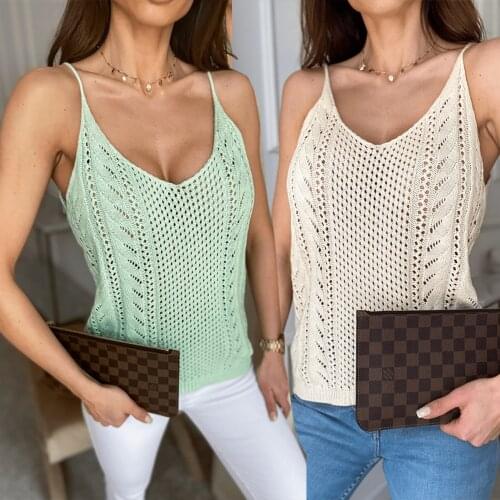 Women Crochet Hollow Out Knit Camisetas Mujer 2021 Summer V-Neck Spaghetti Strap Knit Sweater Vest Tops Tee Female Boho Tank
