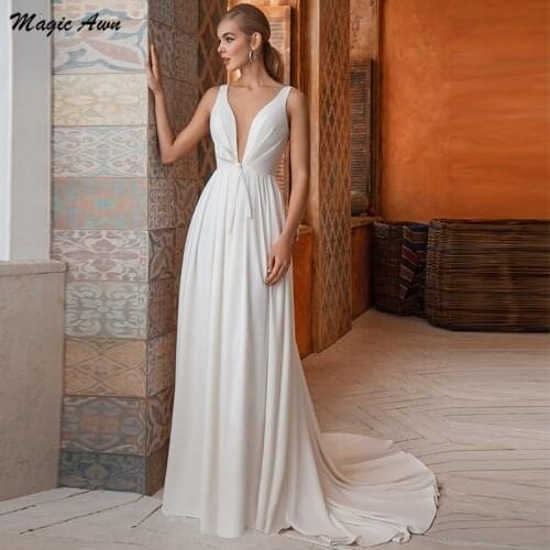 Magic Awn Elegant Satin Wedding Dresses Sheer V-Neck Sleeveless A-Line Simple Bridal Gowns Open Back Customized Vestido De Mujer