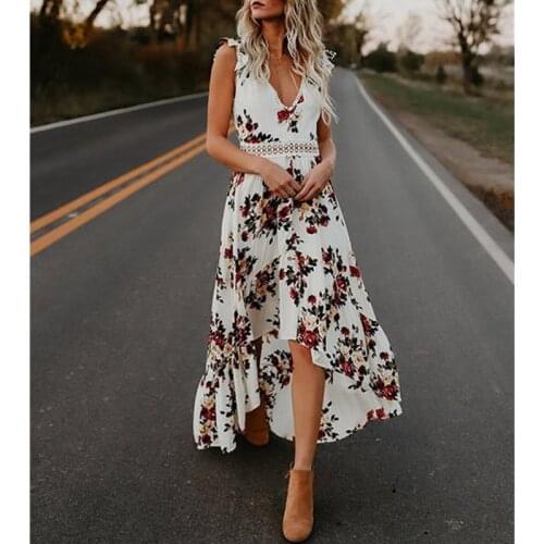 Sexy deep V neck backless summer dress Women floral print bohemian maxi dress Hollow out irregular long dress vestidos