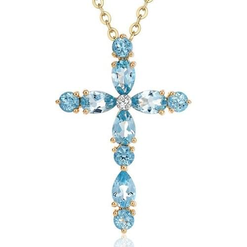 Aquamarine Gemstones Cross Pendant Necklace For Women Blue Crystal 18k Gold Color Chain Choker Jewelry Bijoux Luxury Accessory