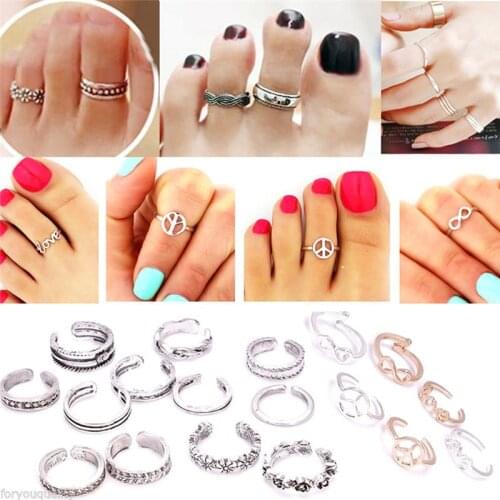 12PCs/set Women Lady Unique Adjustable Opening Finger Ring Retro Carved Toe Ring Foot Beach Foot Jewelry