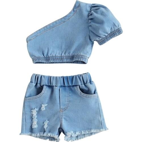 2021 0-4Y Fashion Toddler Baby Girl Denim 2pcs One Shoulder Short Sleeve Crop Top+Shorts Summer Kids Clothing Outfits Set