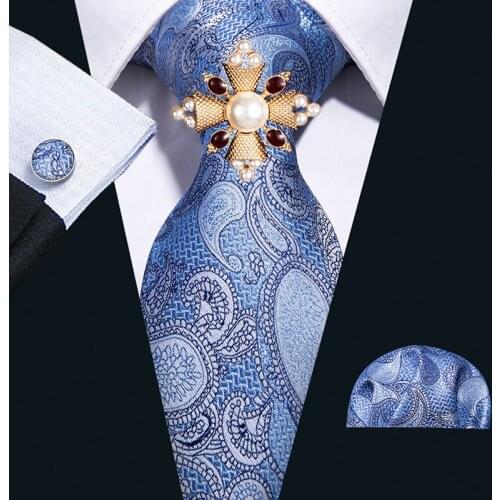 Barry.Wang 2020 Brand New Men Tie Blue Paisley Fashion Necktie Hanky Cufflinks Brooch Set For Wedding Business Corbatas FA-5039