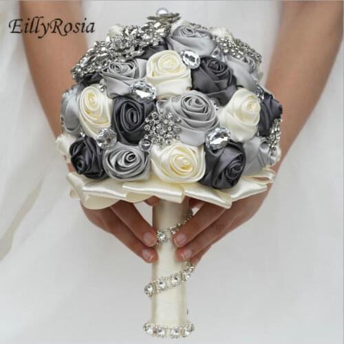 EillyRosia Brooch Jewelry Wedding Bouquets Satin Rose Flower Crystals Bridesmaid Bridal Bouquet de mariage Wedding Accessories