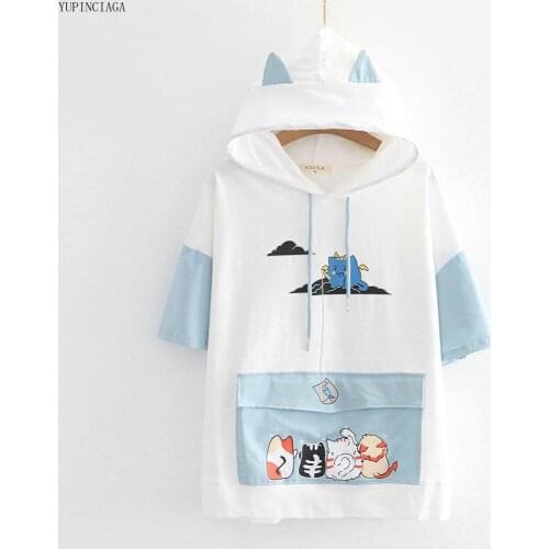 Japan Style Cute Cat Print Patchwork Hooded Short-sleeved Cotton T-shirt Female Half-sleeved Tops Tees With Pocket