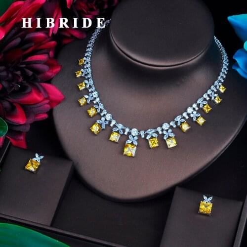 HIBRIDE Sparkling Yellow Cubic Zirconia Jewelry Sets For Women Earring Necklace Set Wedding Dress Accessories Party Gifts N-482