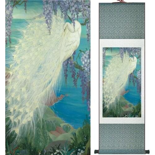 Peacock and flower painting Home Office Decoration Chinese scroll painting traditional birds and flower painting 042107