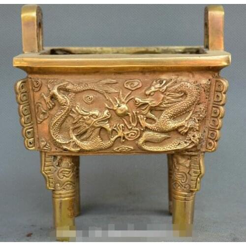 China old Bronze two dragon Opera beads tripod ding Statue incense burner censer