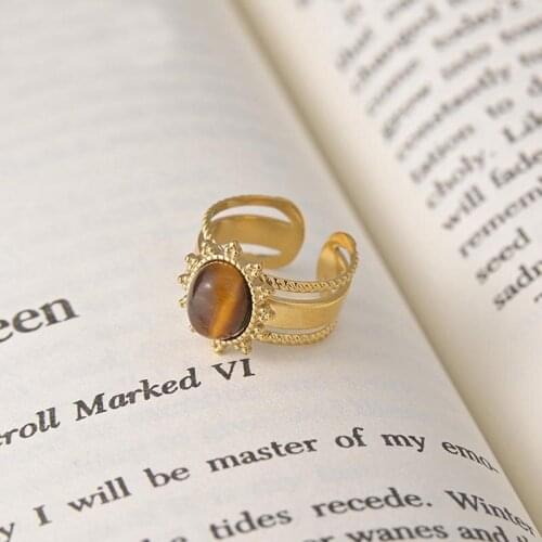 Stainless Steel Big Brown Stone Flower Rings For Women Layered Hollow Out Opening Womens Ring Jewelry Gift Anillos Mujer