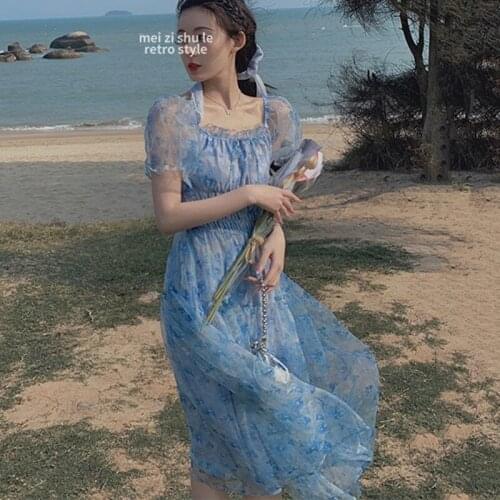 Korean 2021 Summer Kawaii Square Collar Elegant Lace Party Dress Women Short Sleeve Floral Beach Dress Female One Piece Dresses