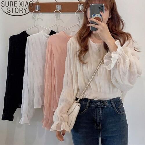 White Tops Loose Lace Women Blouse O-neck Cotton Long Sleeve Womens Shirts Embroidery Puff Sleeve Elegant Korean Clothes 11442