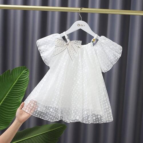 Summer 2021 Baby girls elegant fly sleeve dress children Sweet bow pure color Dress Kids